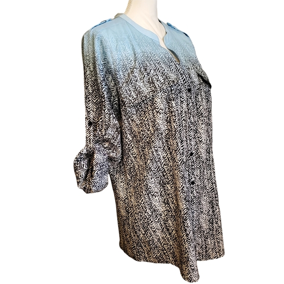 EUC Calvin Klein Ombre Mixed Pattern Utility Button Front Blouse - Picture 6 of 12